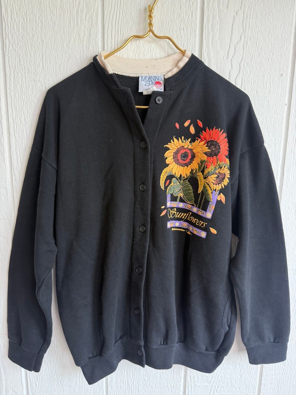 Vintage Morning Sun Sunflower Cardigan Crew Medium Black Floral Cottagecore